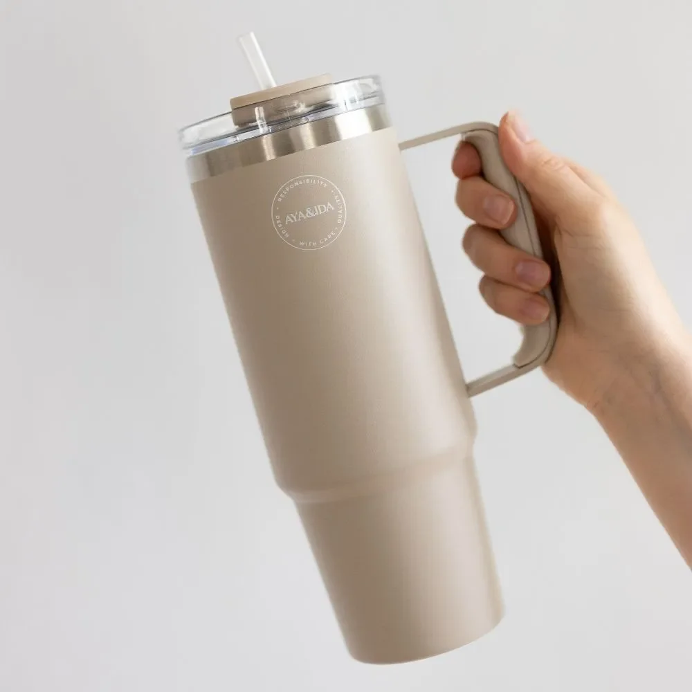 Stor termokop med sugerør - 885 ml - Cream Beige