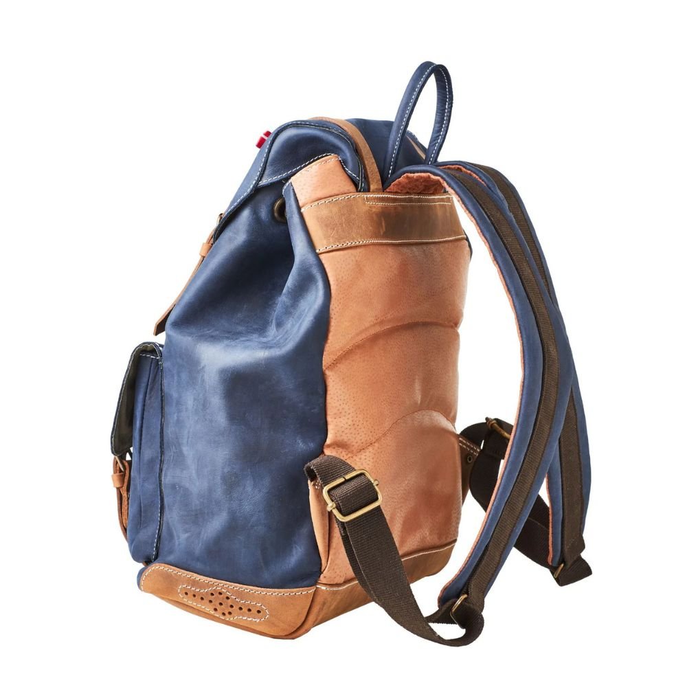 Leather Backpack with Drawstring - Blue