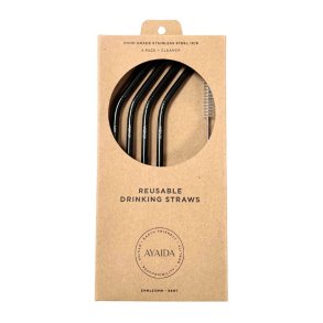 Stainless steel straws - bent - incl. brush - Black