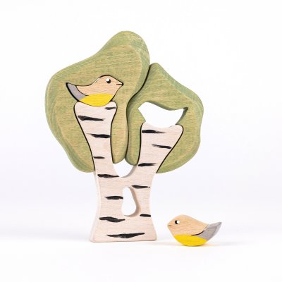 Birch tree with two birds - handmade in beech wood