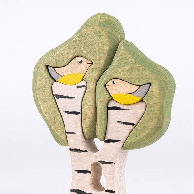 Birch tree with two birds - handmade in beech wood