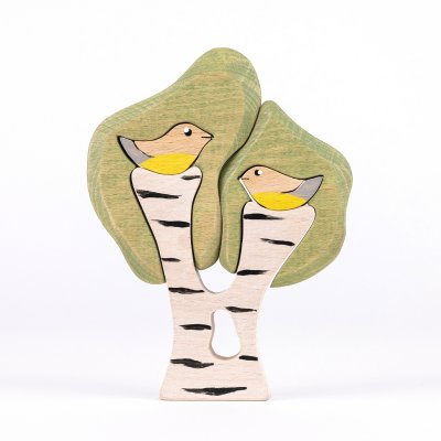 Birch tree with two birds - handmade in beech wood