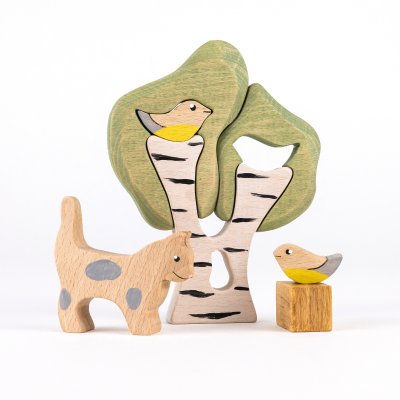 Birch tree with two birds - handmade in beech wood