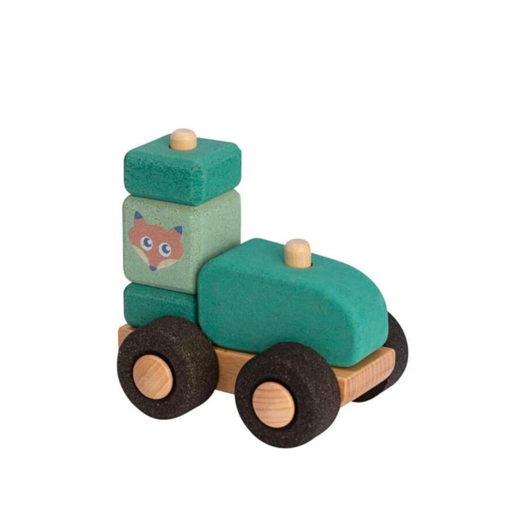Frieda's tractor - wooden toy with cork stacking blocks