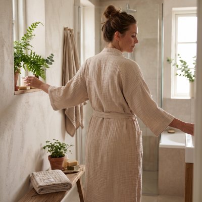 Bademantel und Saunatuch aus Bio-Baumwolle - Stone - M/L